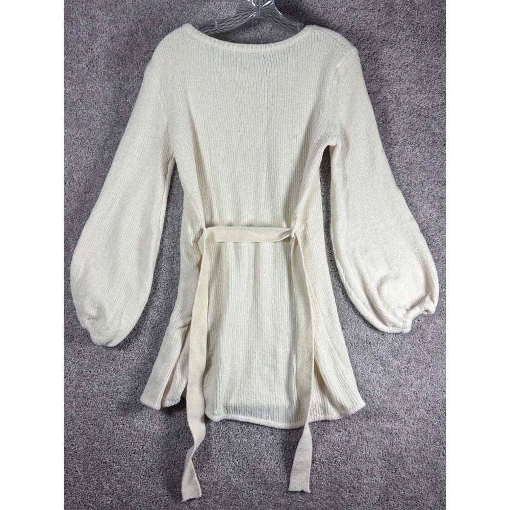 FAVLUX FASHION‎ Cream Ribbed Balloon Sleeve Sweater Dress Belted Size Small